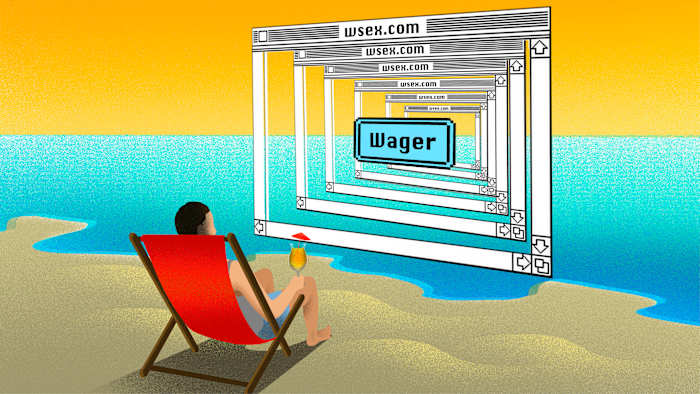 An illustration of a man sitting on the beach with 90s-style internet windows of sports wagers popping up.